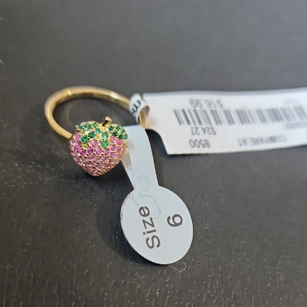Pink Strawberry Sparkles Sterling Silver Gold Plated Ring Womens Size 6 NWT